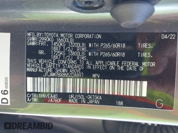 2022 Lexus GX 460 Premium с VIN JTJAM7BX8N5328897, выставлен на аукционе IAAI как лот 42058548 с пробегом 32 143 миль миль и . История ставок и продаж доступна на DreamBid. Изображение 9.