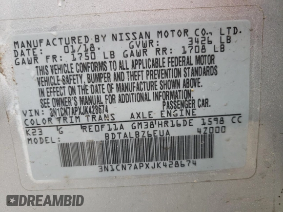 2018 Nissan Versa Sedan SV with VIN 3N1CN7APXJK428674, listed as a Copart auction lot 51443355 with 115,932 mi miles and Salvage Title. Bid and sale history available at carsss.com. Image 12.