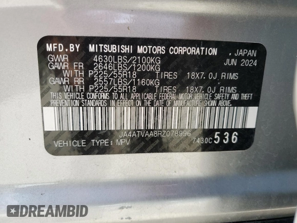 2024 Mitsubishi Eclipse Cross LE with VIN JA4ATVAA8RZ078996, listed as a Copart auction lot 60201895 with 17,054 mi miles and Clean title. Bid and sale history available at DreamBid. Image 14.