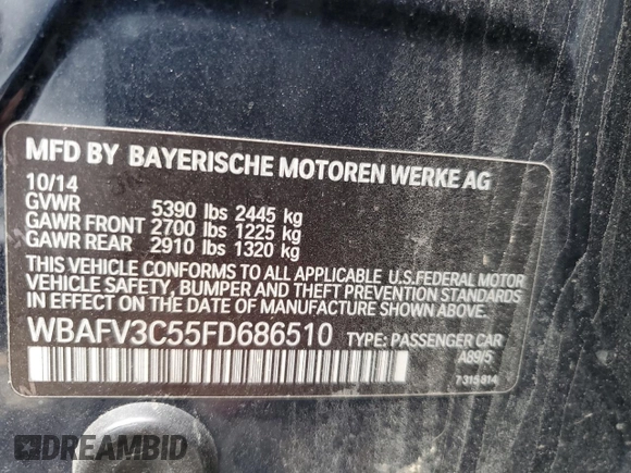 2015 BMW 5 Series 535d xDrive with VIN WBAFV3C55FD686510, listed as a Copart auction lot 51404955 with 160,341 mi miles and Salvage title. Bid and sale history available at DreamBid. Image 12.