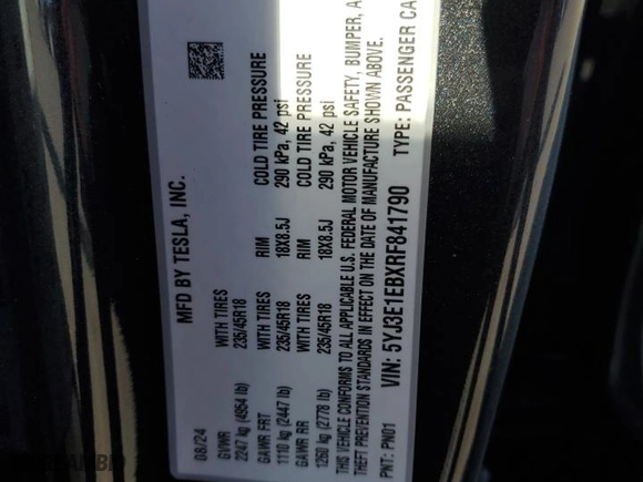 2024 Tesla Model 3 Long Range with VIN 5YJ3E1EBXRF841790, listed as a Copart auction lot 47811445 with 5,657 mi miles and Salvage Title. Bid and sale history available at carsss.com. Image 13.