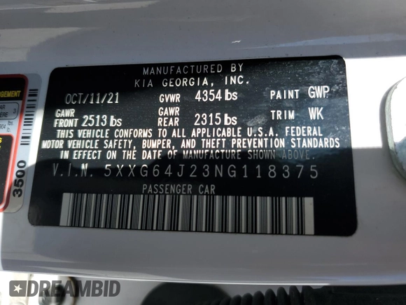 2022 Kia K5 GT-Line z VIN 5XXG64J23NG118375, wystawiony jako Copart lot #42503995 z przebiegiem 72 718 mil mil oraz Szkoda całkowita • Salvage title. Historia ofert i sprzedaży dostępna na DreamBid. Obrazek 13.