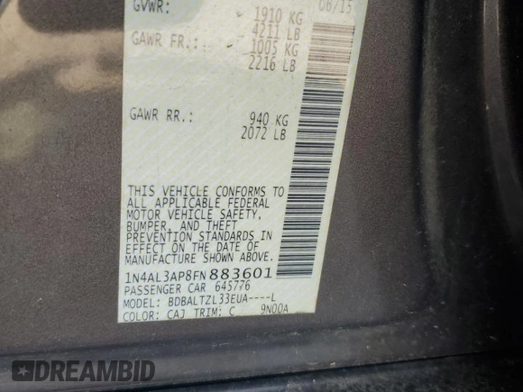 2015 Nissan Altima SL with VIN 1N4AL3AP8FN883601, listed as a Copart auction lot 57598835 with 142,499 mi miles and Salvage title. Bid and sale history available at DreamBid. Image 12.