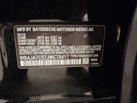 2018 BMW 5 Series 530i xDrive with VIN WBAJA7C57JWC76417, listed as a IAAI auction lot 42318400 with 64,367 mi miles and . Bid and sale history available at DreamBid. Image 9.