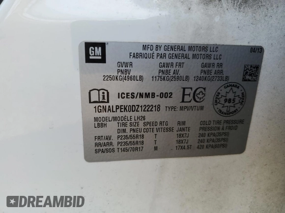2013 Chevrolet Equinox LT with VIN 1GNALPEK0DZ122218, listed as a Copart auction lot 55085985 with 211,953 mi miles and Clean Title. Bid and sale history available at DreamBid. Image 13.