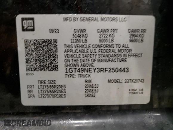 2024 GMC Sierra 2500HD SLT with VIN 1GT49NEY3RF250443, listed as a Copart auction lot 46684495 with 27,992 mi miles and Salvage title. Bid and sale history available at DreamBid. Image 12.