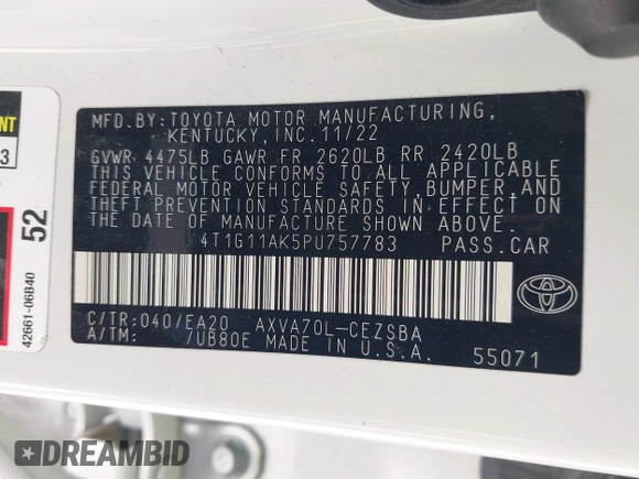 2023 Toyota Camry SE with VIN 4T1G11AK5PU757783, listed as a IAAI auction lot 41945780 with 47,883 mi miles and . Bid and sale history available at DreamBid. Image 9.
