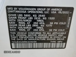 2022 Volkswagen Atlas SE with VIN 1V2JE2CA6NC223234, listed as a Copart auction lot 54621175 with 31,099 mi miles and Salvage title. Bid and sale history available at DreamBid. Image 12.