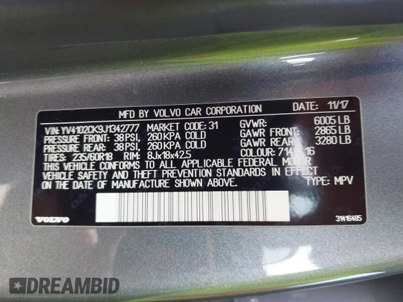 2018 Volvo XC90 Momentum with VIN YV4102CK9J1342777, listed as a IAAI auction lot 41618711 with 85,082 mi miles and . Bid and sale history available at DreamBid. Image 9.