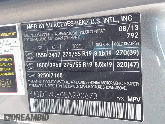 2014 Mercedes-Benz GL 450 with VIN 4JGDF7CE0EA290673, listed as a IAAI auction lot 42207889 with 132,251 mi miles and . Bid and sale history available at DreamBid. Image 9.