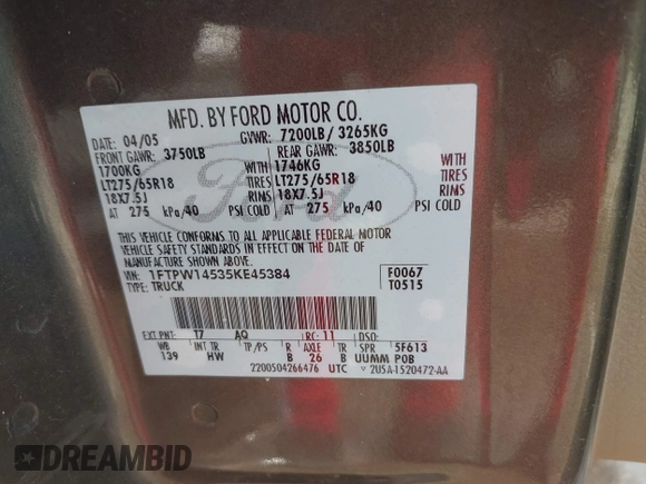 2005 Ford F-150 XLT с VIN 1FTPW14535KE45384, выставлен на аукционе IAAI как лот 42538969 с пробегом 146 321 миль миль и . История ставок и продаж доступна на DreamBid. Изображение 9.