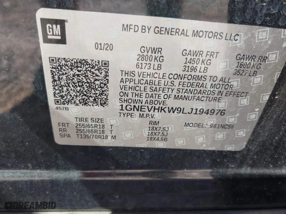 2020 Chevrolet Traverse LT Leather with VIN 1GNEVHKW9LJ194976, listed as a IAAI auction lot 40644542 with 84,980 mi miles. Bid and sale history available at carsss.com. Image 9.