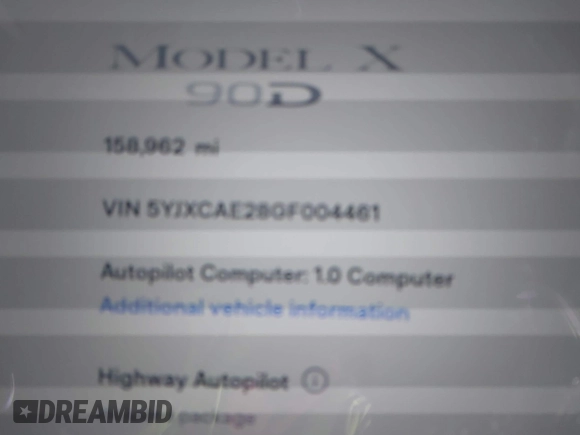 2016 Tesla Model X 70D z VIN 5YJXCAE28GF004461, wystawiony jako IAAI lot #41004214 z przebiegiem 158 962 mil mil oraz . Historia ofert i sprzedaży dostępna na DreamBid. Obrazek 7.