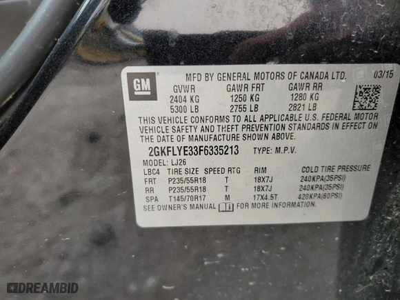 2015 GMC Terrain SLT with VIN 2GKFLYE33F6335213, listed as a Copart auction lot 49336905 with 117,680 mi miles and Salvage Title. Bid and sale history available at carsss.com. Image 13.