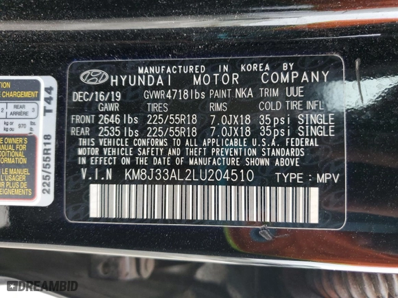 2020 Hyundai Tucson Sport with VIN KM8J33AL2LU204510, listed as a Copart auction lot 85321534 with 73,780 mi miles and Salvage Title. Bid and sale history available at carsss.com. Image 14.