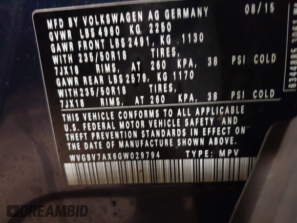 2016 Volkswagen Tiguan S with VIN WVGBV7AX6GW029794, listed as a IAAI auction lot 41698112 with 73,084 mi miles and . Bid and sale history available at DreamBid. Image 9.