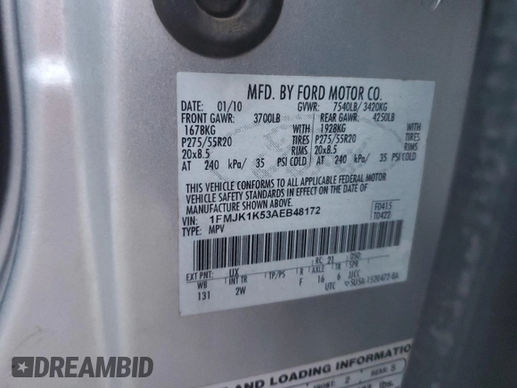 2010 Ford Expedition Max Limited with VIN 1FMJK1K53AEB48172, listed as a Copart auction lot 85142094 with 118,742 mi miles and Salvage Title. Bid and sale history available at DreamBid. Image 13.