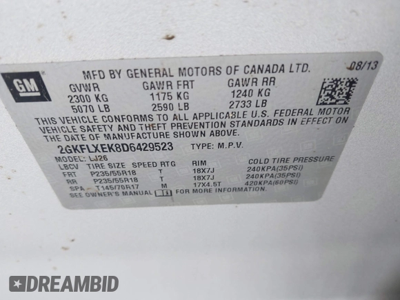 2013 GMC Terrain SLT with VIN 2GKFLXEK8D6429523, listed as a IAAI auction lot 41916725 with 133,591 mi miles and . Bid and sale history available at DreamBid. Image 9.