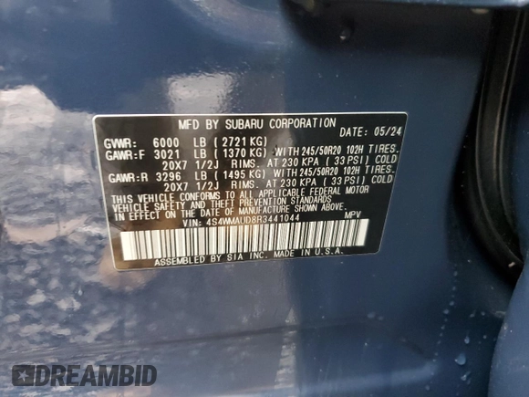2024 Subaru Ascent Limited z VIN 4S4WMAUD8R3441044, wystawiony jako Copart lot #52029325 z przebiegiem 10 083 mil mil oraz Szkody całkowita. Historia ofert i sprzedaży dostępna na DreamBid. Obrazek 13.