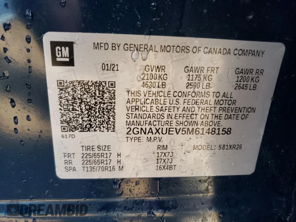 2021 Chevrolet Equinox LT with VIN 2GNAXUEV5M6148158, listed as a Copart auction lot 46688855 with 109,271 mi miles and Salvage Title. Bid and sale history available at DreamBid. Image 13.