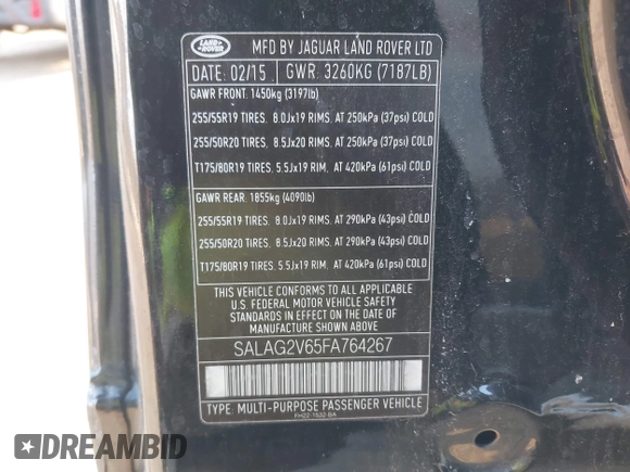 2015 Land Rover LR4 HSE with VIN SALAG2V65FA764267, listed as a IAAI auction lot 41716586 with 146,630 mi miles and . Bid and sale history available at DreamBid. Image 9.