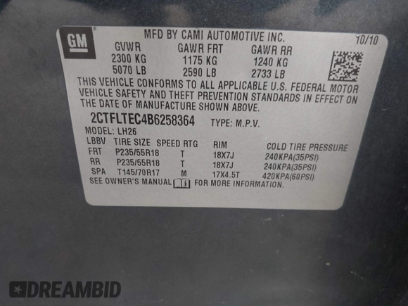 2011 GMC Terrain SLE-2 with VIN 2CTFLTEC4B6258364, listed as a IAAI auction lot 42439682 with 149,863 mi miles and . Bid and sale history available at DreamBid. Image 9.
