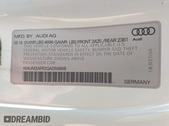 2016 Audi A5 Premium Plus with VIN WAUM2AFR2GA056868, listed as a IAAI auction lot 41764198 with 106,751 mi miles. Bid and sale history available at carsss.com. Image 9.