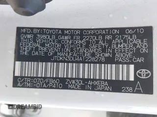 2010 Toyota Prius II with VIN JTDKN3DU4A1228278, listed as a IAAI auction lot 42147858 with 125,797 mi miles. Bid and sale history available at carsss.com. Image 9.
