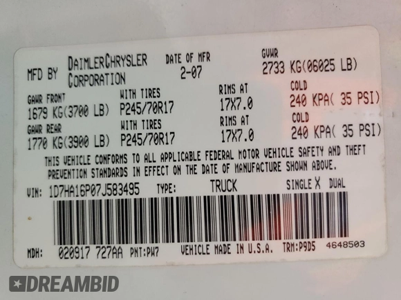 2007 Dodge 1500 SLT with VIN 1D7HA16P07J583495, listed as a Copart auction lot 48916355 with 71,711 mi miles and Clean Title. Bid and sale history available at DreamBid. Image 12.