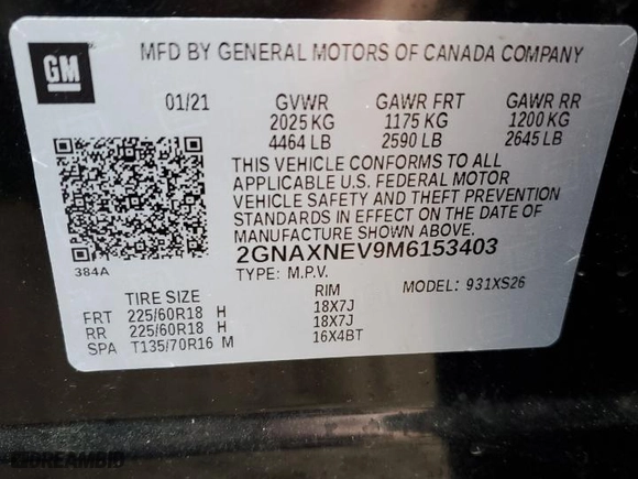 2021 Chevrolet Equinox Premier with VIN 2GNAXNEV9M6153403, listed as a Copart auction lot 84603004 with 0 mi miles and Non Repairable. Bid and sale history available at carsss.com. Image 15.