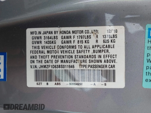 2011 Honda CR-Z EX with VIN JHMZF1D63BS011946, listed as a IAAI auction lot 41947429 with 115,683 mi miles and . Bid and sale history available at DreamBid. Image 9.