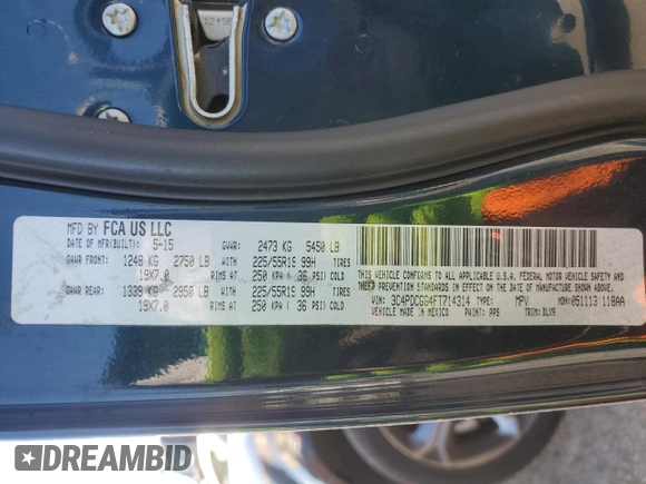 2015 Dodge Journey Crossroad with VIN 3C4PDCGG4FT714314, listed as a Copart auction lot 81381114 with 103,922 mi miles and Salvage Title. Bid and sale history available at DreamBid. Image 12.