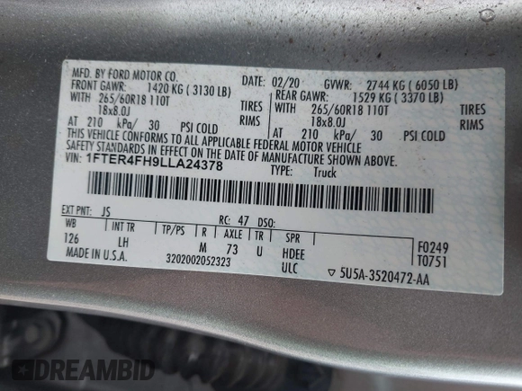 2020 Ford Ranger XL с VIN 1FTER4FH9LLA24378, выставлен на аукционе IAAI как лот 42221417 с пробегом 90 748 миль миль и . История ставок и продаж доступна на DreamBid. Изображение 9.