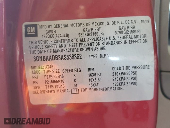 2010 Chevrolet HHR LS with VIN 3GNBAADB3AS538362, listed as a Copart auction lot 49709745 with 156,668 mi miles and Salvage Title. Bid and sale history available at DreamBid. Image 12.
