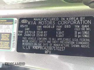 2011 Kia Sportage LX with VIN KNDPBCA20B7170217, listed as a IAAI auction lot 42303069 with 186,994 mi miles and . Bid and sale history available at DreamBid. Image 9.
