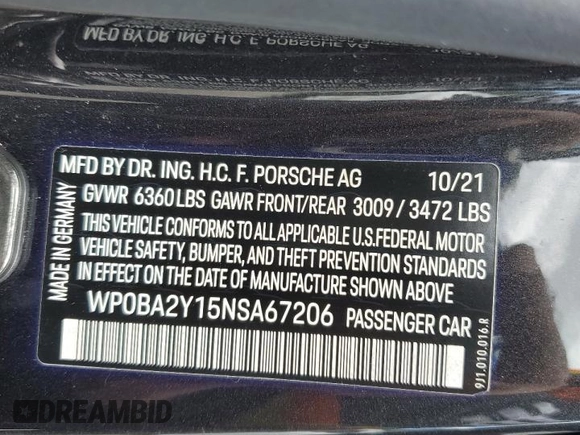 2022 Porsche Taycan 4 with VIN WP0BA2Y15NSA67206, listed as a Copart auction lot 45561263 with 10,134 mi miles and . Bid and sale history available at DreamBid. Image 12.