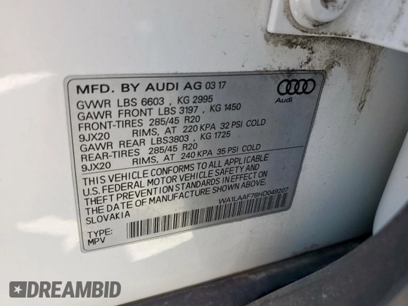 2017 Audi Q7 Premium Plus with VIN WA1LAAF78HD049207, listed as a Copart auction lot 50775835 with 107,482 mi miles and Salvage Title. Bid and sale history available at DreamBid. Image 13.