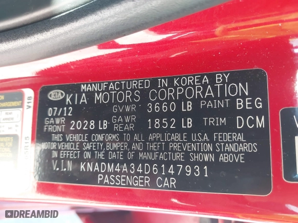 2013 Kia Rio LX with VIN KNADM4A34D6147931, listed as a IAAI auction lot 41638302 with 188,650 mi miles. Bid and sale history available at carsss.com. Image 9.
