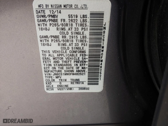 2015 Infiniti QX70 with VIN JN8CS1MW0FM482521, listed as a Copart auction lot 67861723 with 0 mi miles. Bid and sale history available at carsss.com. Image 10.
