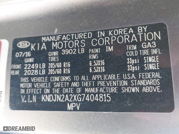 2016 Kia Soul with VIN KNDJN2A2XG7404815, listed as a IAAI auction lot 41821000 with NaN miles. Bid and sale history available at carsss.com. Image 9.