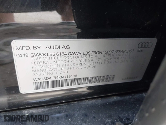 2019 Audi A8 L with VIN WAU8DAF84KN019115, listed as a IAAI auction lot 41856931 with 84,387 mi miles. Bid and sale history available at carsss.com. Image 9.