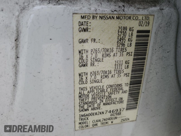 2019 Nissan Frontier SV z VIN 1N6AD0ER2KN746937, wystawiony jako Copart lot #56277615 z przebiegiem 104 780 mil mil oraz Nie do naprawy • Non repairable. Historia ofert i sprzedaży dostępna na DreamBid. Obrazek 12.
