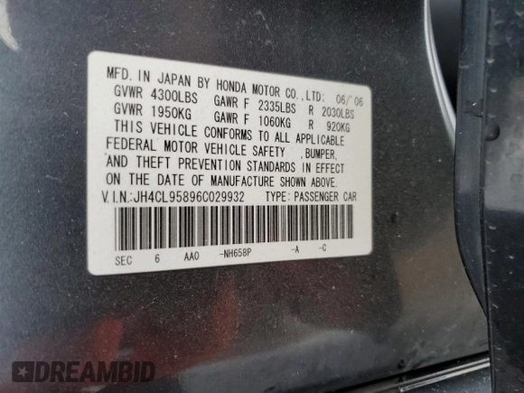 2006 Acura TSX with VIN JH4CL95896C029932, listed as a Copart auction lot 82431044 with 194,509 mi miles and Salvage title. Bid and sale history available at DreamBid. Image 12.