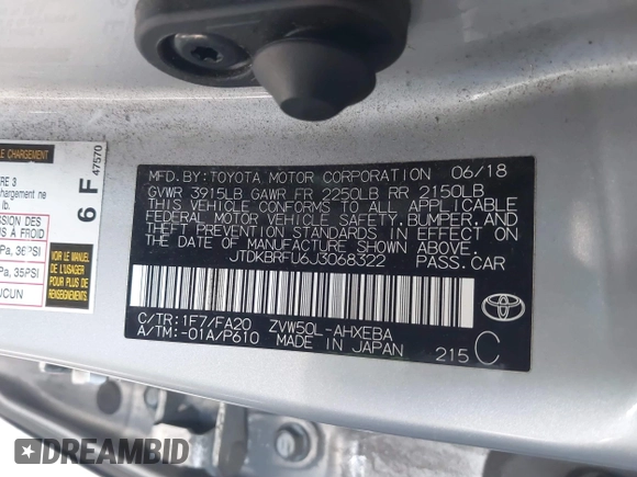 2018 Toyota Prius Two with VIN JTDKBRFU6J3068322, listed as a IAAI auction lot 42001483 with 57,597 mi miles. Bid and sale history available at carsss.com. Image 9.
