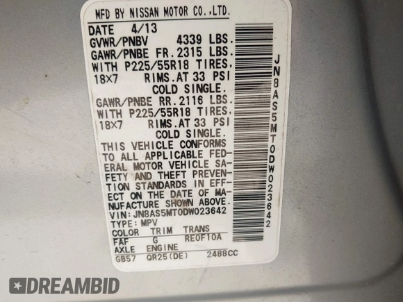 2013 Nissan Rogue S with VIN JN8AS5MT0DW023642, listed as a IAAI auction lot 40728352 with 87,292 mi miles and . Bid and sale history available at DreamBid. Image 8.