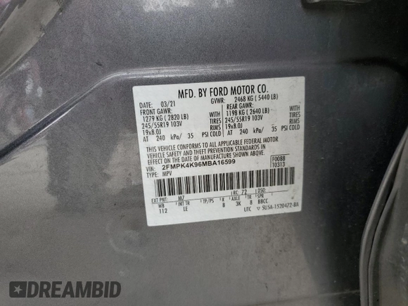 2021 Ford Edge Titanium with VIN 2FMPK4K96MBA16599, listed as a Copart auction lot 53920735 with 71,376 mi miles and Salvage title. Bid and sale history available at DreamBid. Image 12.