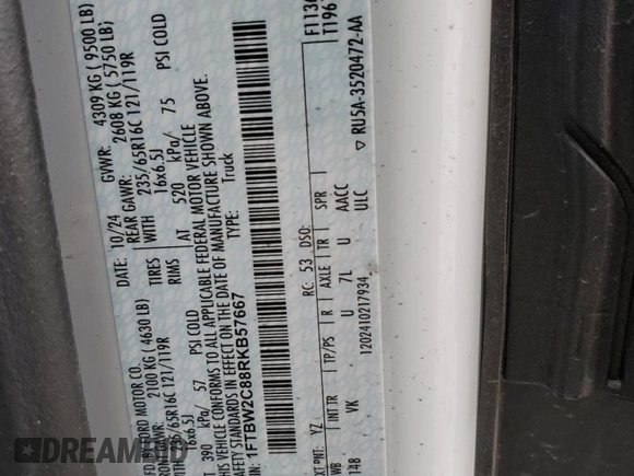 2024 Ford Transit с VIN 1FTBW2C88RKB57667, выставлен на аукционе Copart как лот 60799105 с пробегом 5 238 миль миль и Списание • Salvage title. История ставок и продаж доступна на DreamBid. Изображение 13.
