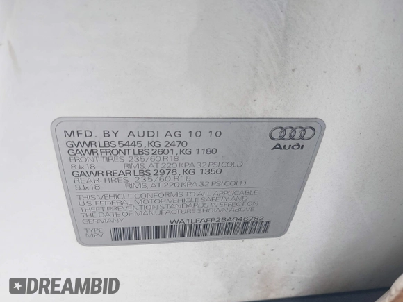 2011 Audi Q5 Premium Plus with VIN WA1LFAFP2BA046782, listed as a IAAI auction lot 42479745 with 178,000 mi miles and . Bid and sale history available at DreamBid. Image 9.
