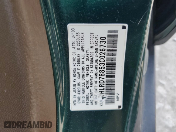 2003 Honda CR-V EX z VIN JHLRD78853C026730, wystawiony jako Copart lot #59042285 z przebiegiem 173 324 mil mil oraz Szkoda całkowita • Salvage title. Historia ofert i sprzedaży dostępna na DreamBid. Obrazek 12.