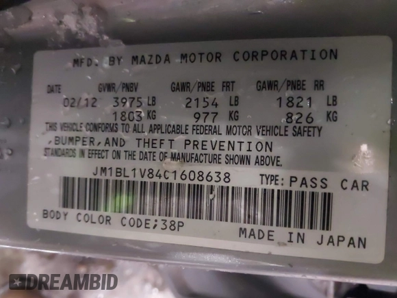2012 Mazda 3 i Touring with VIN JM1BL1V84C1608638, listed as a IAAI auction lot 41533492 with 132,923 mi miles. Bid and sale history available at carsss.com. Image 9.